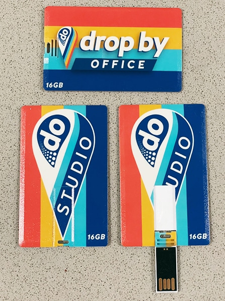 A photo of the DropBy Office beanded USB cards